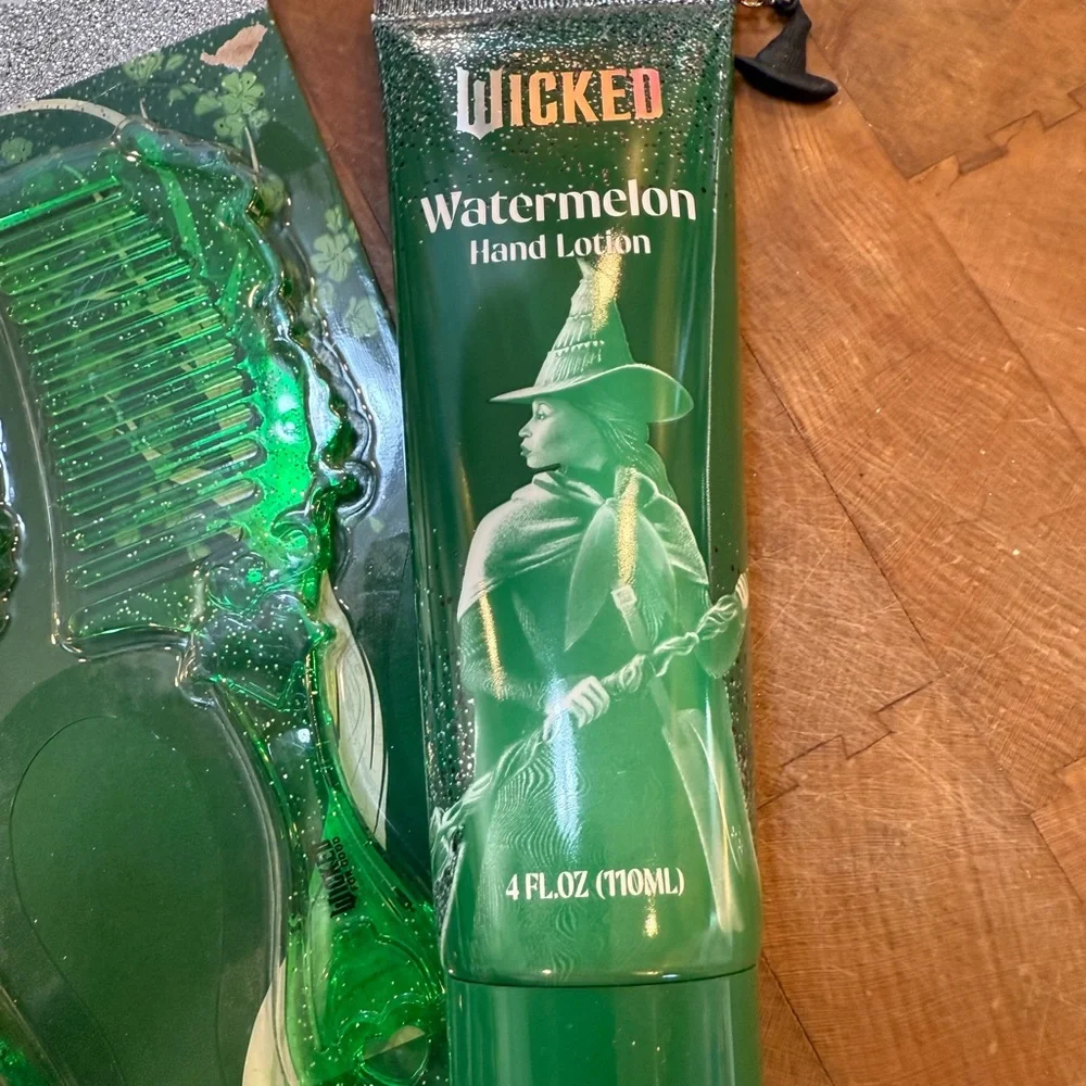 Wicked Green Hair Brush & Mirror Comb Combo with Watermelon Hand Lotion NEW
